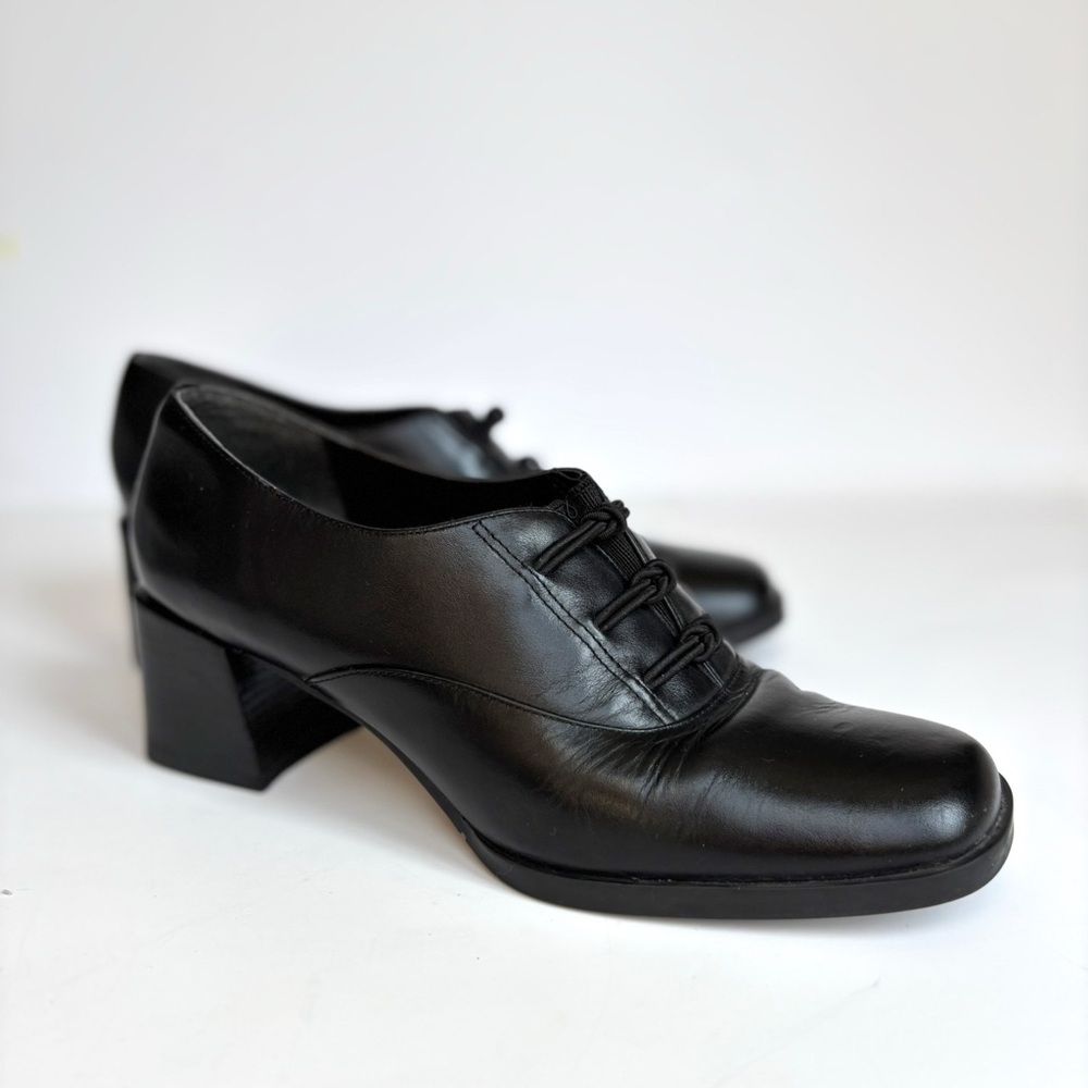 Vintage 90s Brazilian Made Black Leather Chunky Heel Platform Loafer Mary Jane - Picture 3 of 8